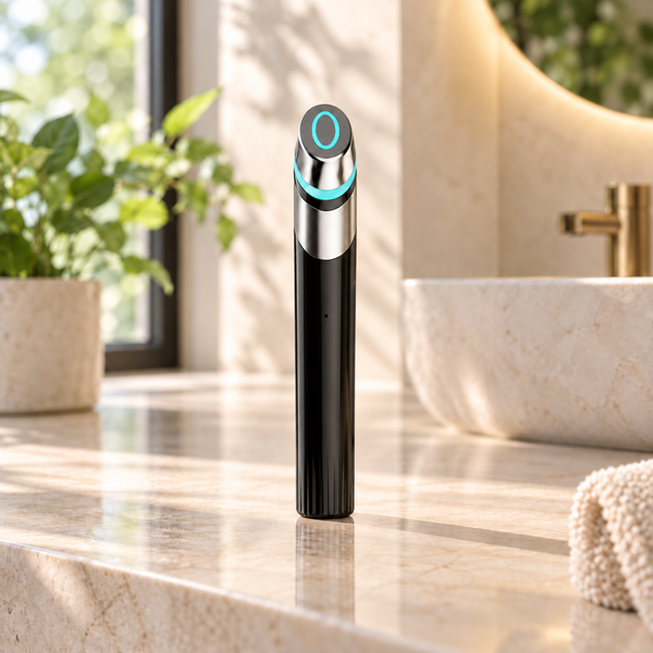 Dispositivo facial preto, prata e azul-turquesa em um banheiro claro.