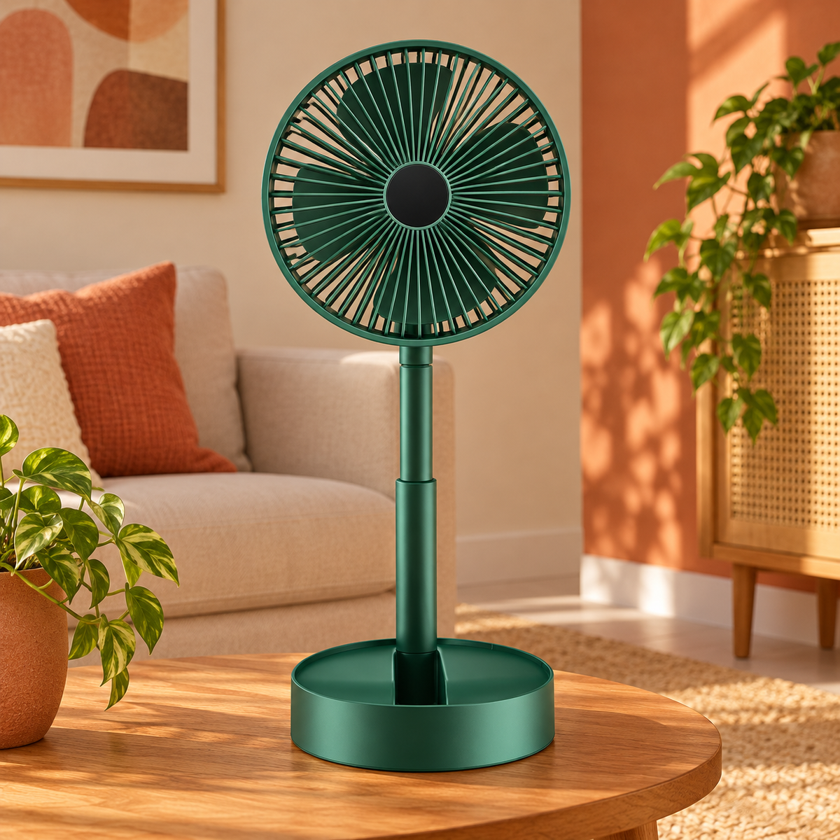 Ventilador portátil verde visto de frente em ambiente residencial terracota