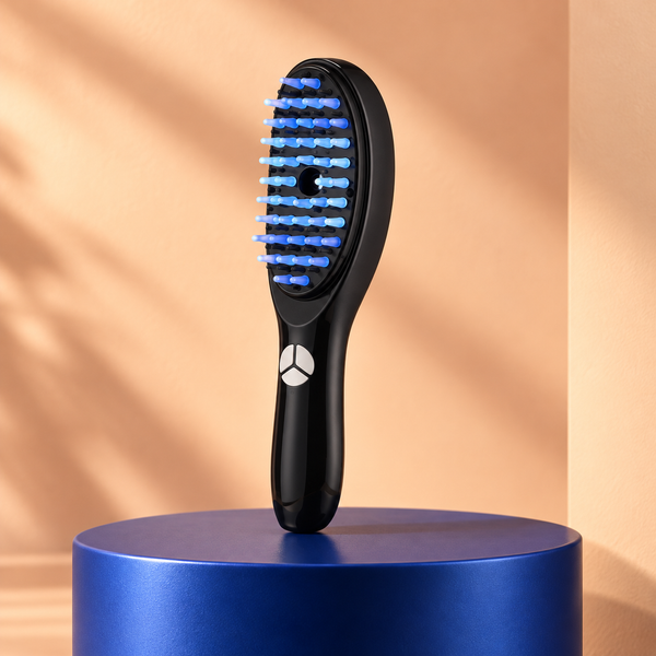 Escova massageadora capilar preta com pontas de luz azul sobre base azul em cenário pêssego
