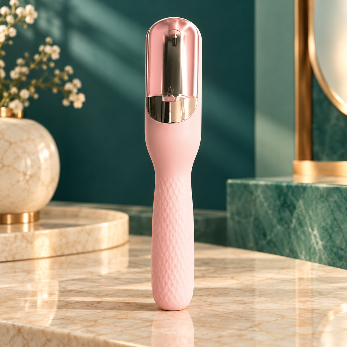 Aparador portátil rosa para cuidado das pontas dos cabelos em fundo verde elegante