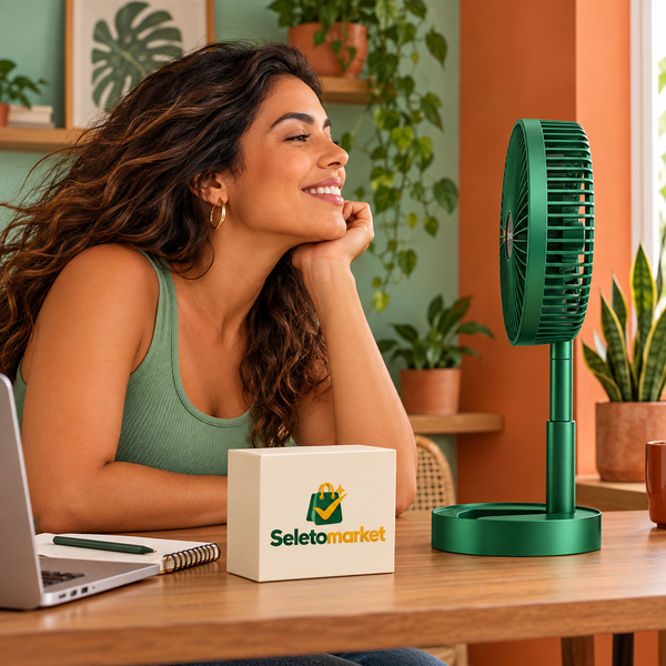 Ventilador portátil verde em perfil lateral com usuária brasileira e embalagem SeletoMarket