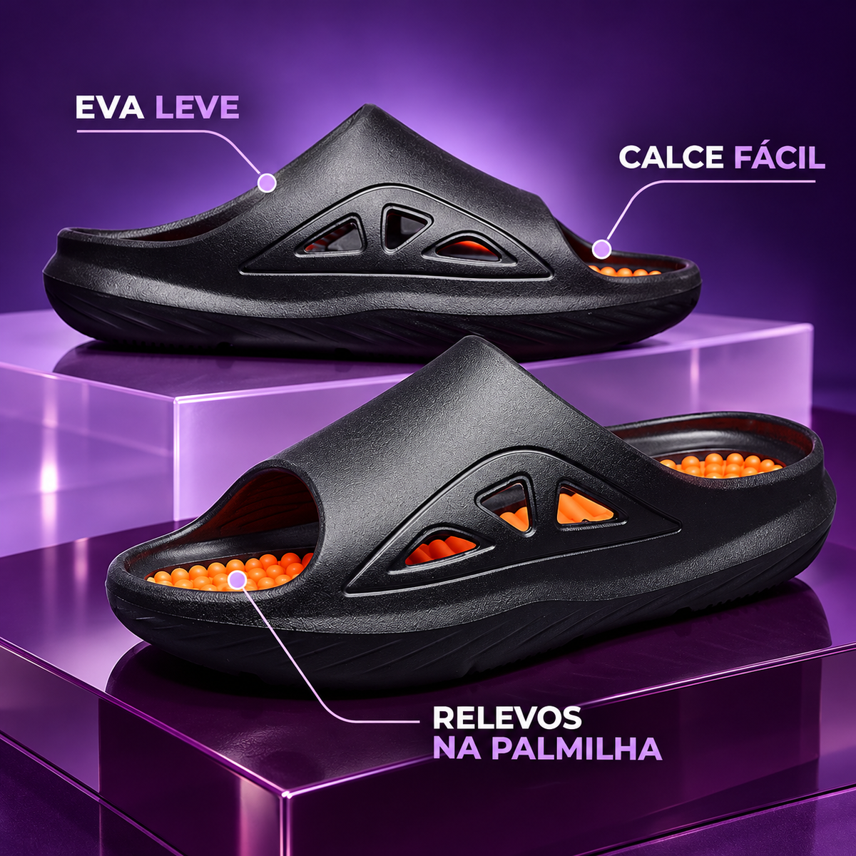 Slide preto de EVA com relevo na palmilha, calce fácil e material leve