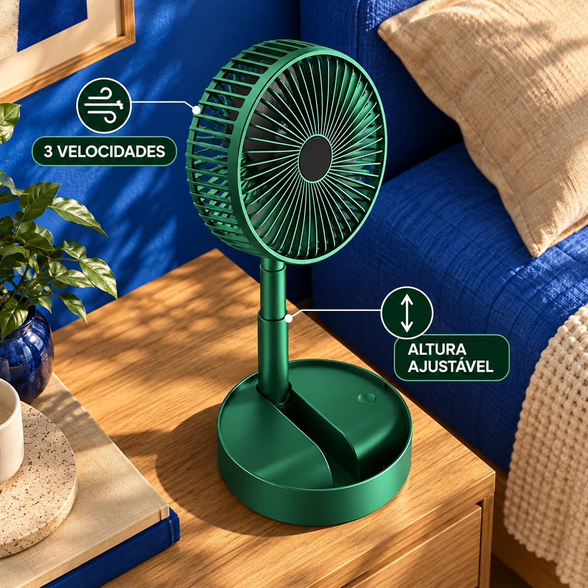 Ventilador verde em ângulo alto destacando as velocidades e altura ajustável