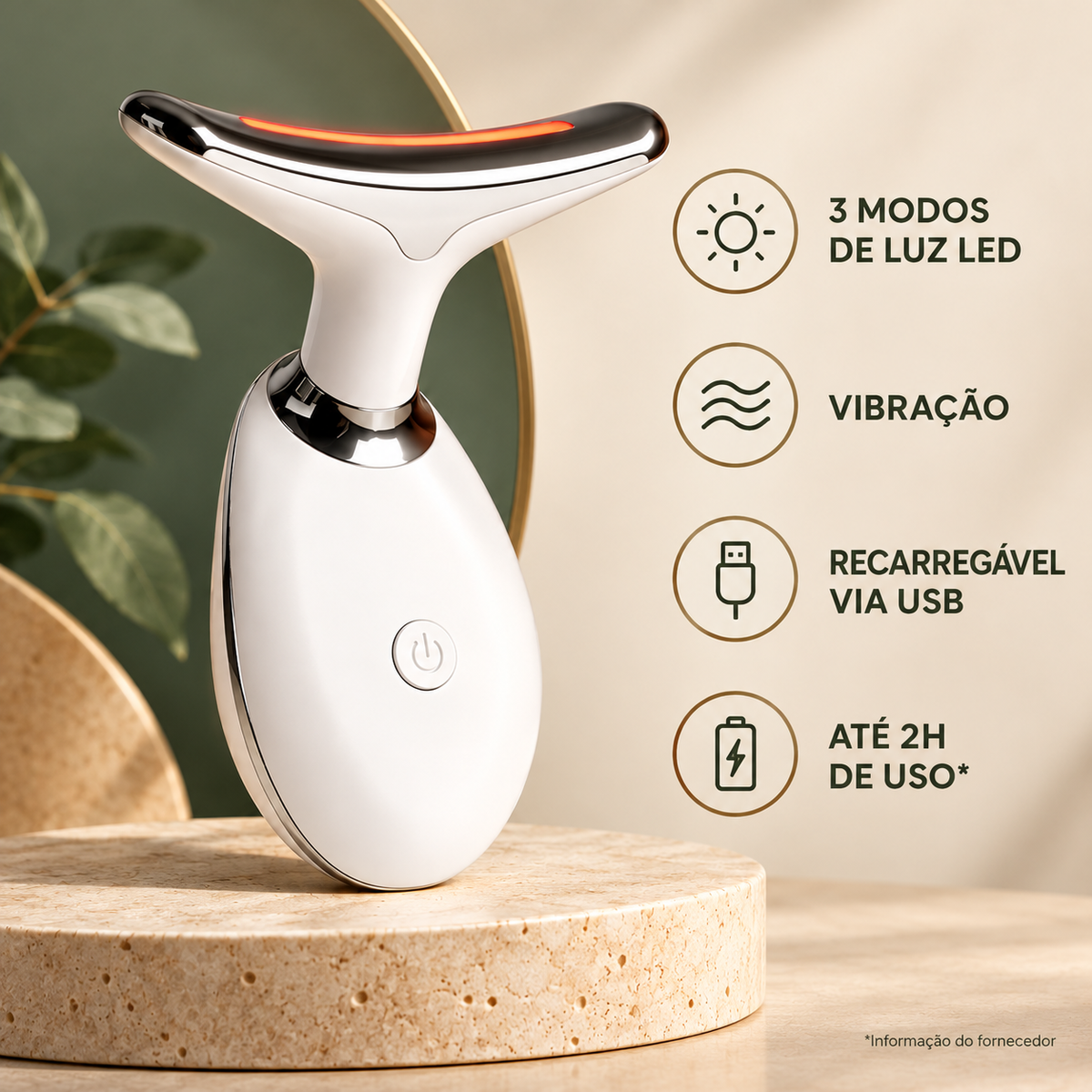 Infográfico do massageador facial com três modos LED, vibração, USB e autonomia informada