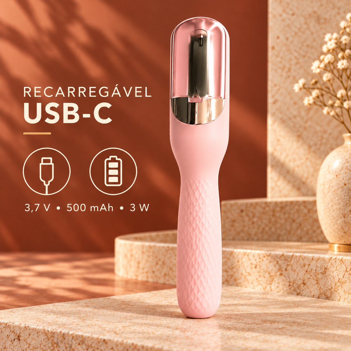 Aparador rosa com informações técnicas de recarga USB-C, bateria e potência