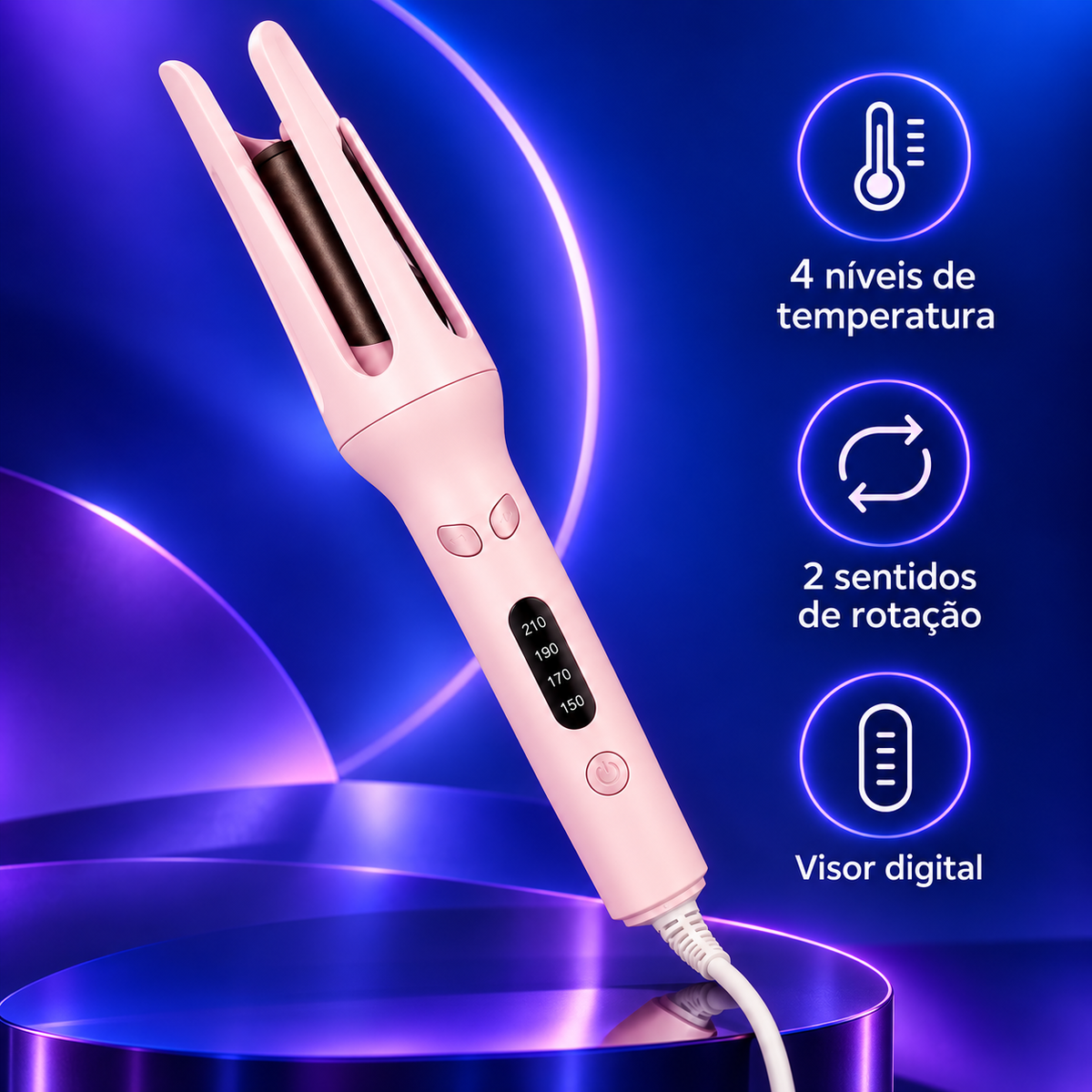Modelador automático com quatro níveis de temperatura, dois sentidos de rotação e visor digital