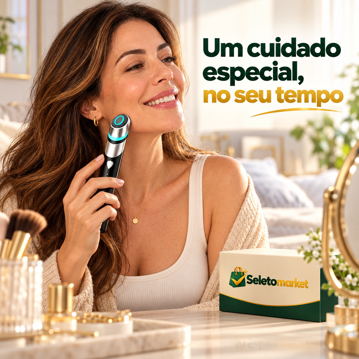 Pessoa usando dispositivo facial em sua rotina de autocuidado.