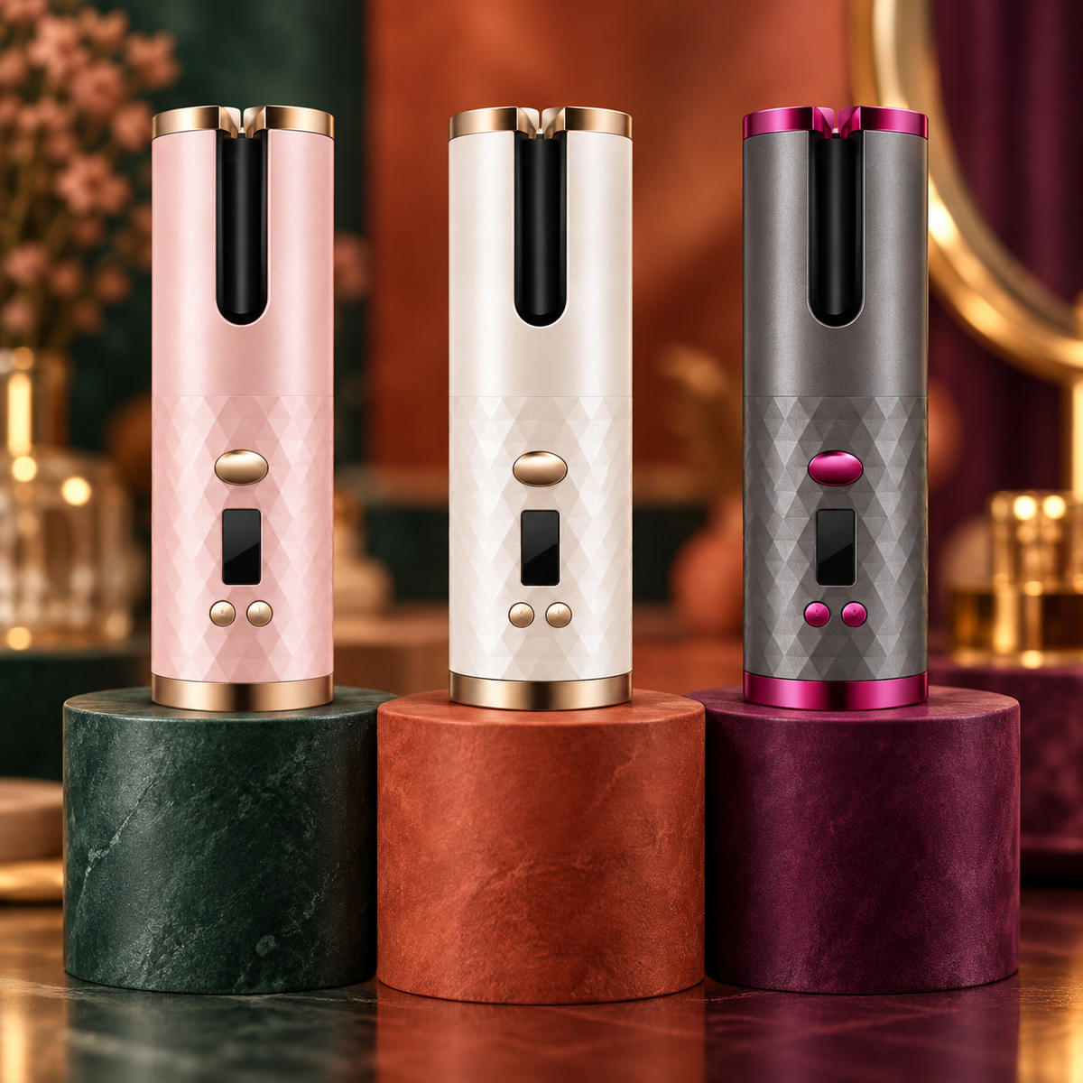 Modelador automático sem fio nas cores rosa, branco e grafite