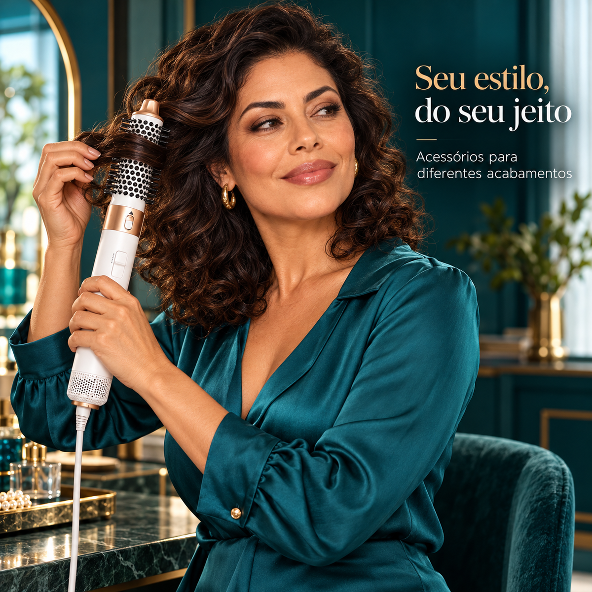 Mulher brasileira usando acessório para modelar os cabelos com a escova 5 em 1