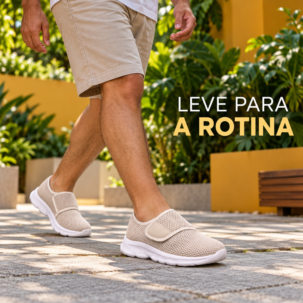 UsuĂĄrio brasileiro caminhando com tĂȘnis bege de malha