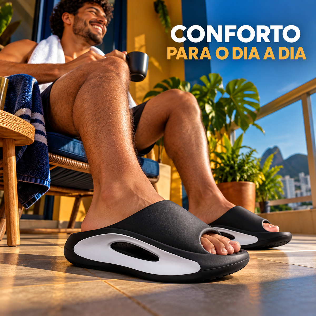Usuário brasileiro usando chinelos em casa