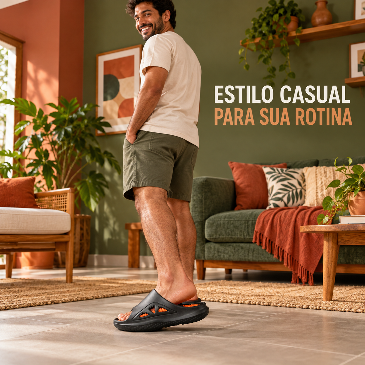 Usuário brasileiro usando chinelo slide preto em casa