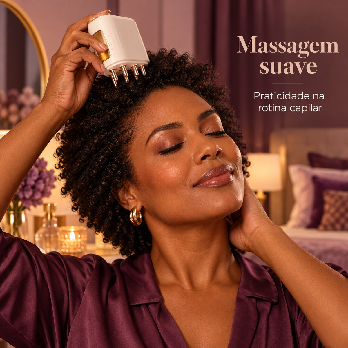 Mulher brasileira usando massageador capilar em ambiente aconchegante