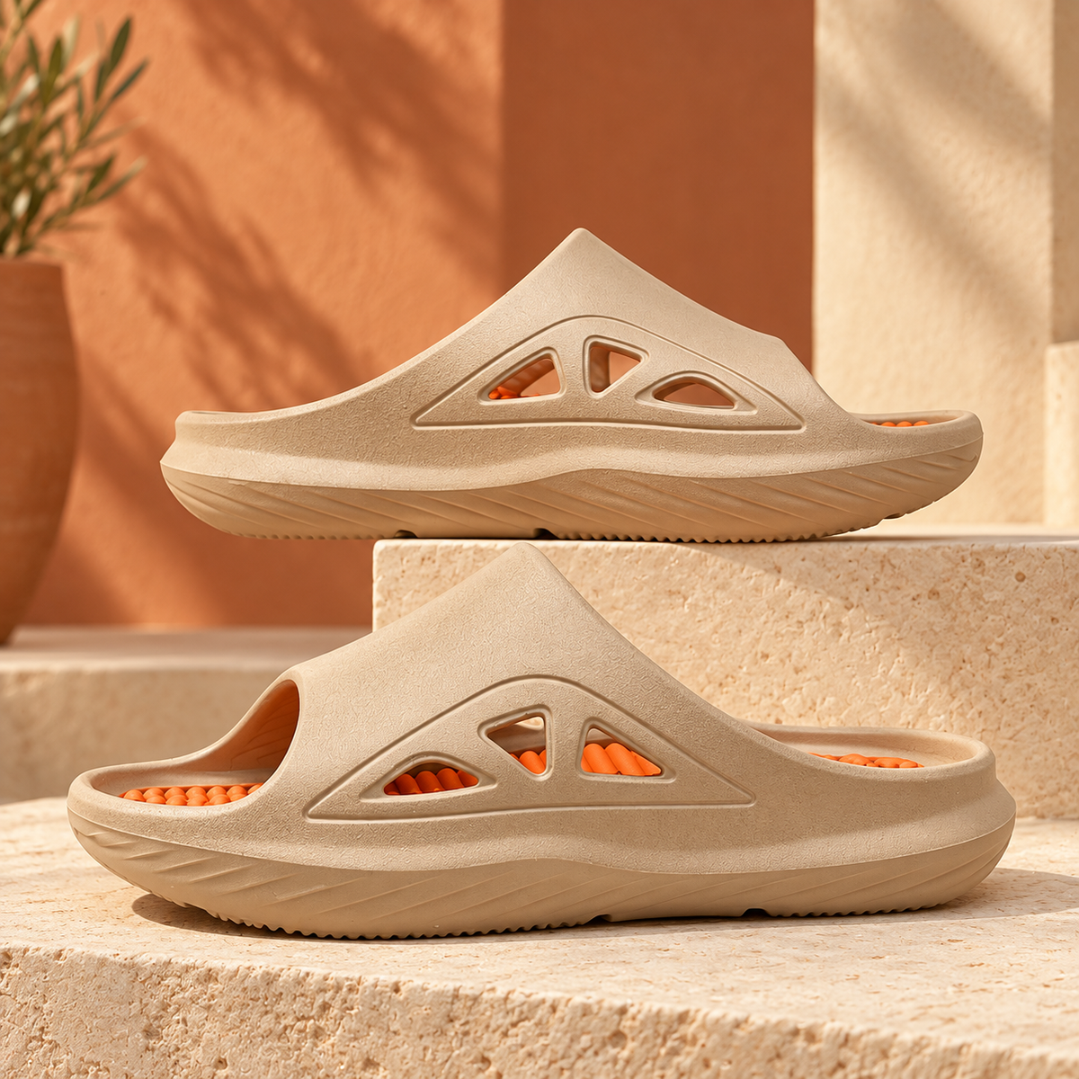 Chinelo slide bege de EVA com palmilha texturizada