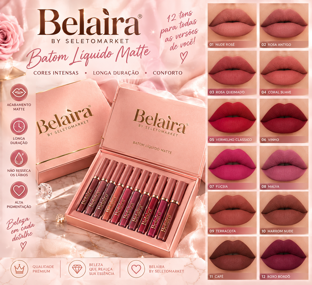 Kit Belaira de batons líquidos matte com 12 cores