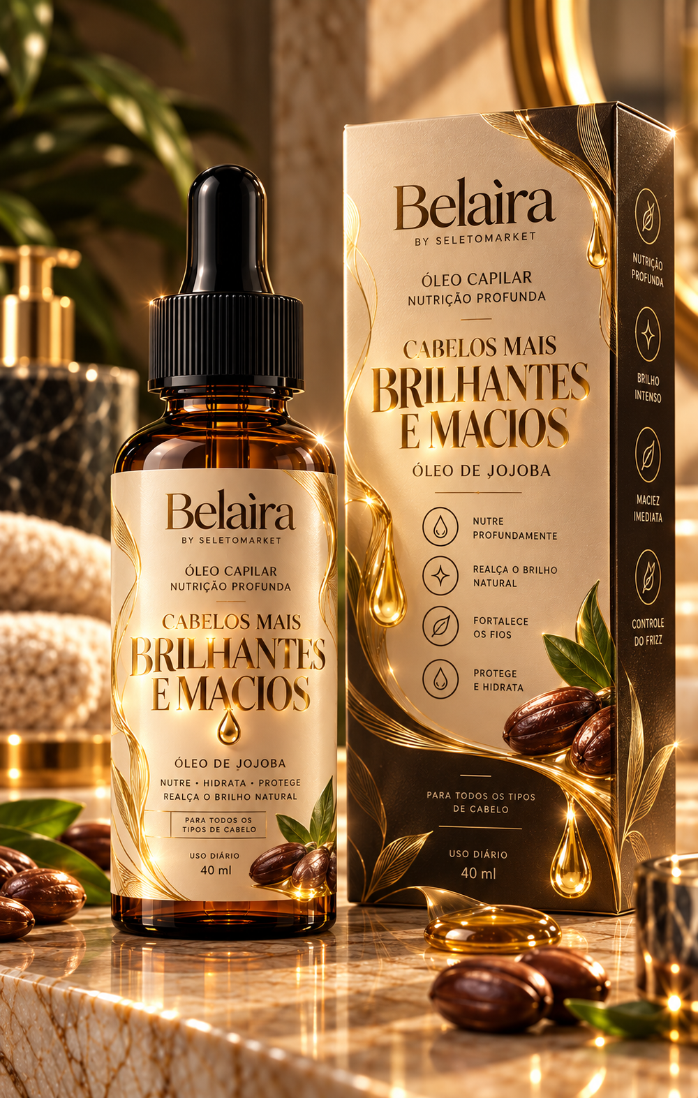 Óleo capilar de jojoba Belaira e embalagem, mockup original