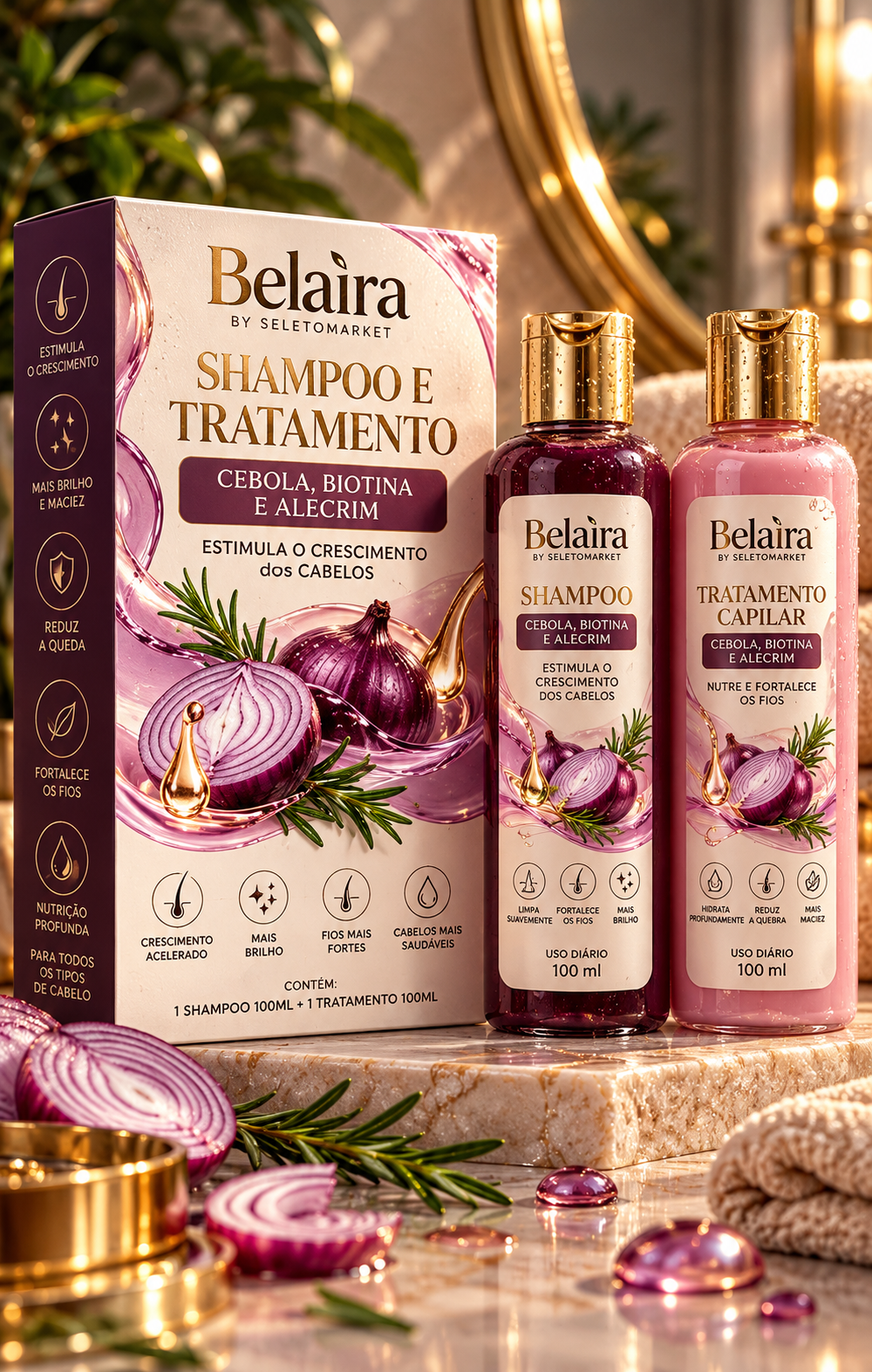 Kit Belaira shampoo e tratamento com embalagens e frascos