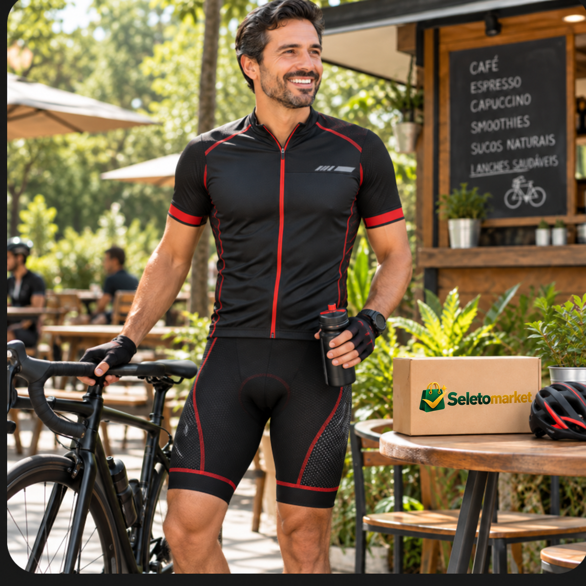 Ciclista usando bermuda acolchoada em pausa em um café, com a caixa SeletoMarket