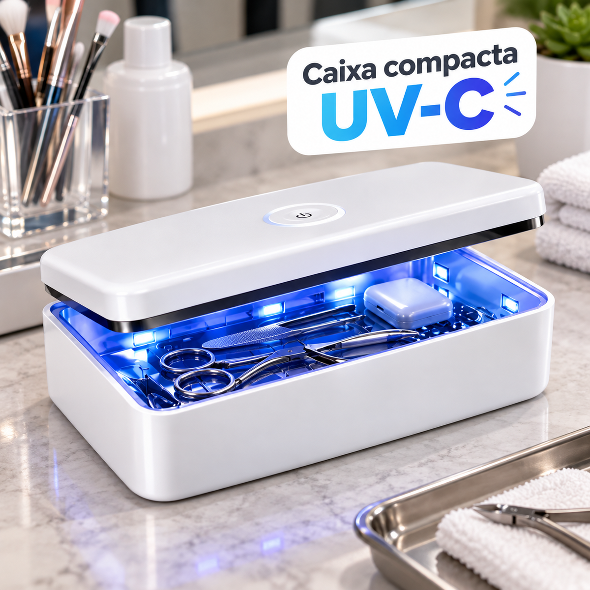 Detalhe da caixa compacta UV-C para objetos
