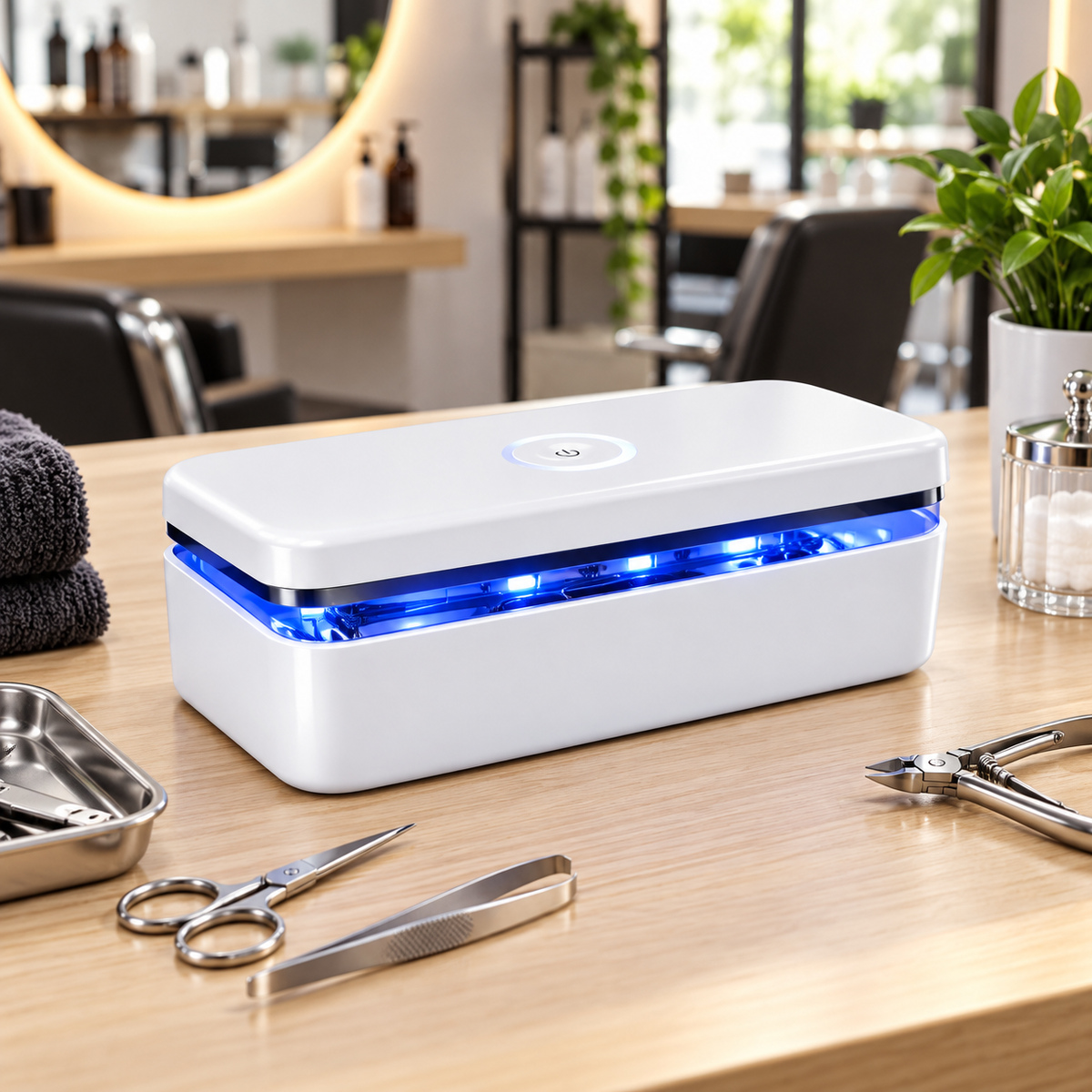 Caixa UV-C portátil com tampa branca e câmara azul