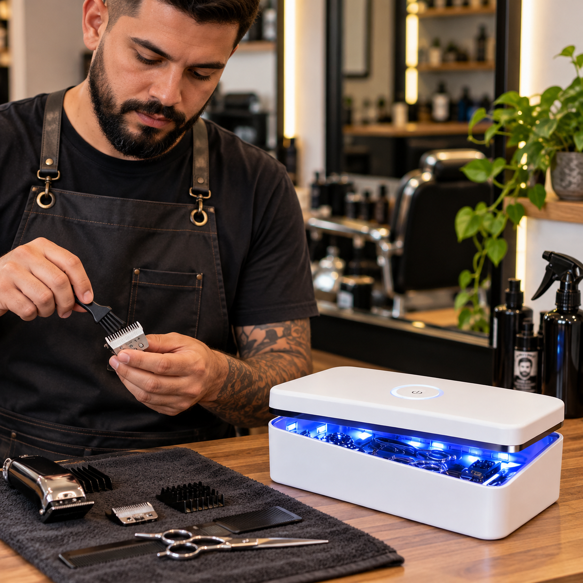 Barbeiro preparando acessórios junto à caixa UV-C