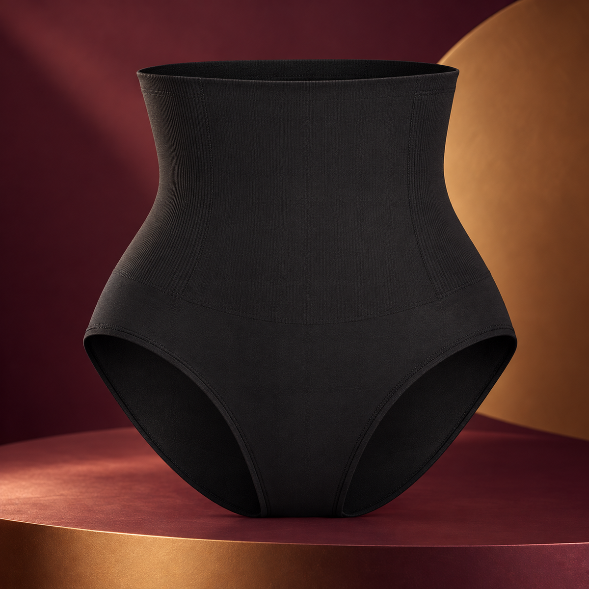 Calcinha modeladora preta de cintura alta em cenário premium vinho e âmbar