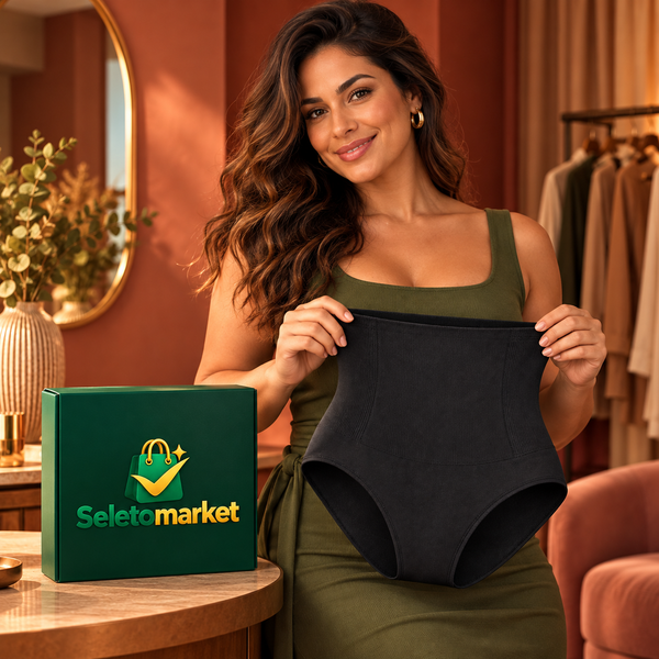 Mulher brasileira adulta apresenta a calcinha modeladora com embalagem SeletoMarket