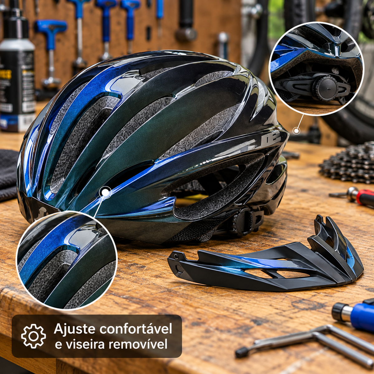 Detalhes do capacete e ajuste com viseira removĂvel