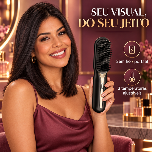 Mulher brasileira feliz segurando escova alisadora portátil sem fio; imagem destaca praticidade e três temperaturas