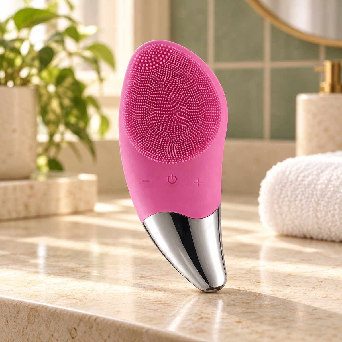 Escova facial elétrica rosa em lavatório premium