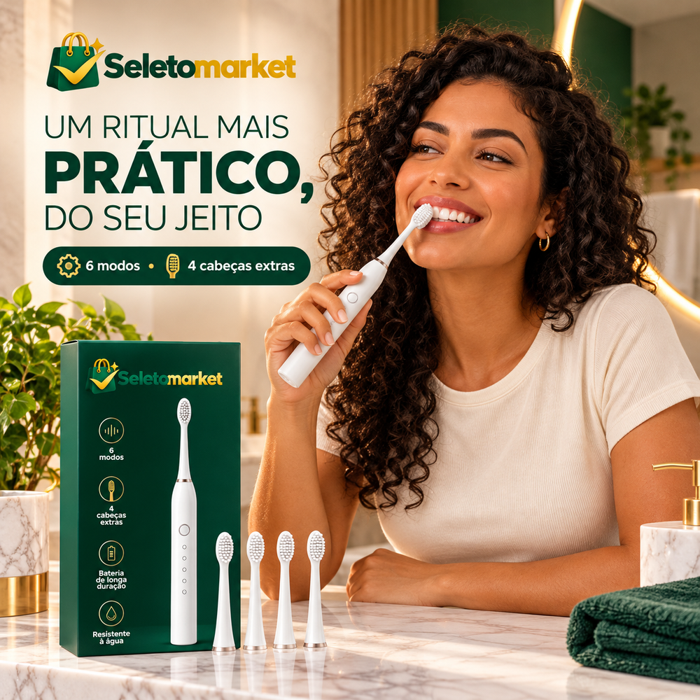 Escova de Dentes Elétrica Recarregável USB com 6 Modos e 4 Cabeças