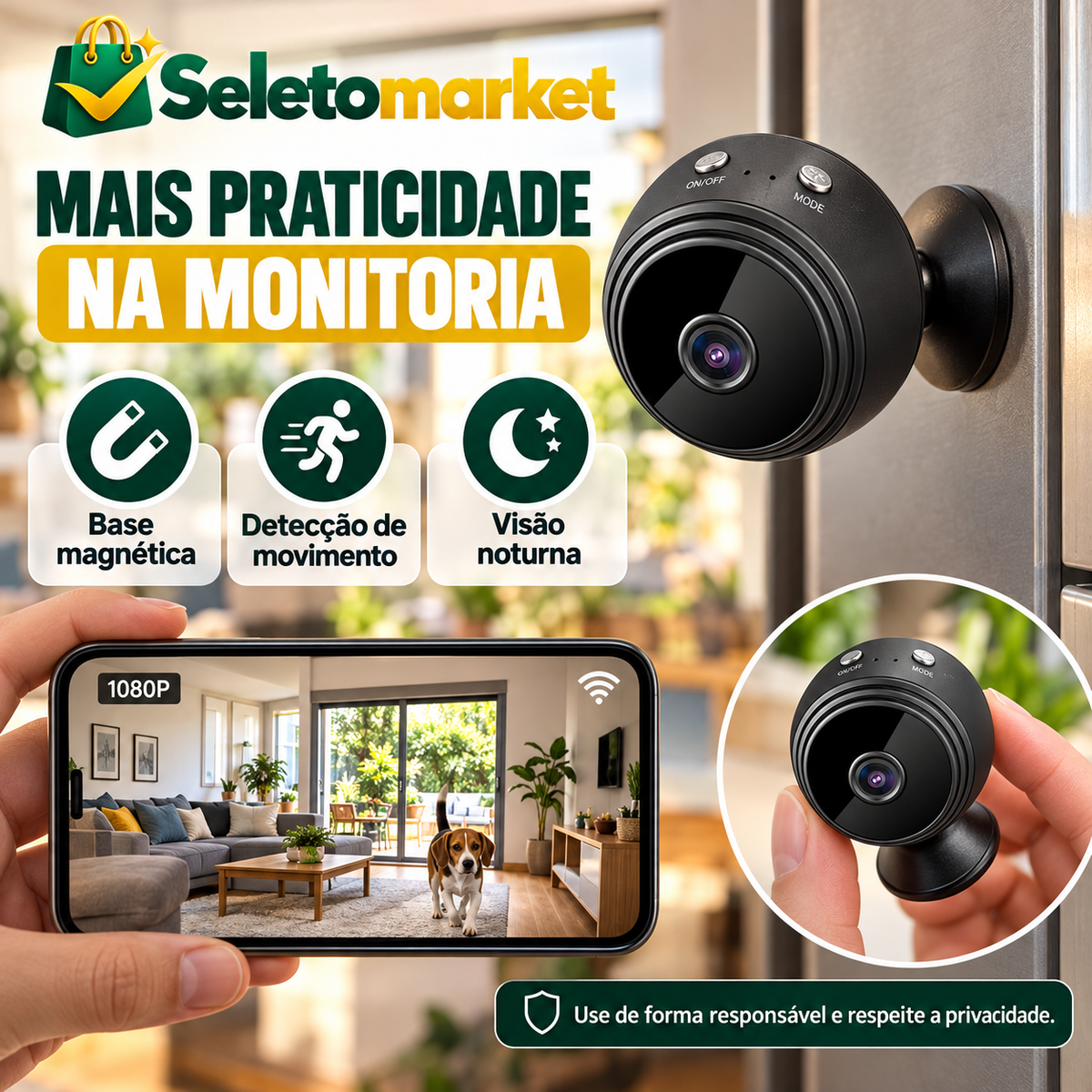 Base magnética, detecção de movimento e visão noturna