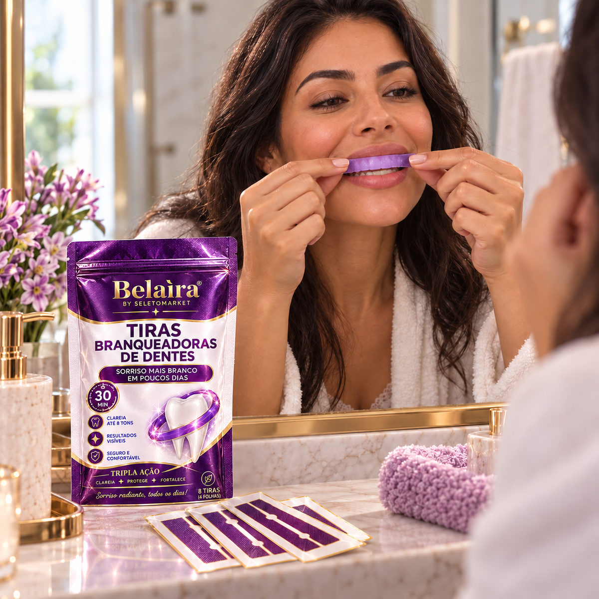 Mulher aplicando uma tira violeta sobre os dentes