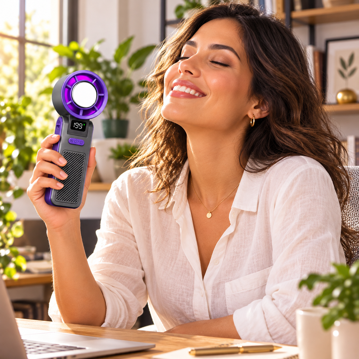 Mulher brasileira usando mini ventilador portátil Kryolux