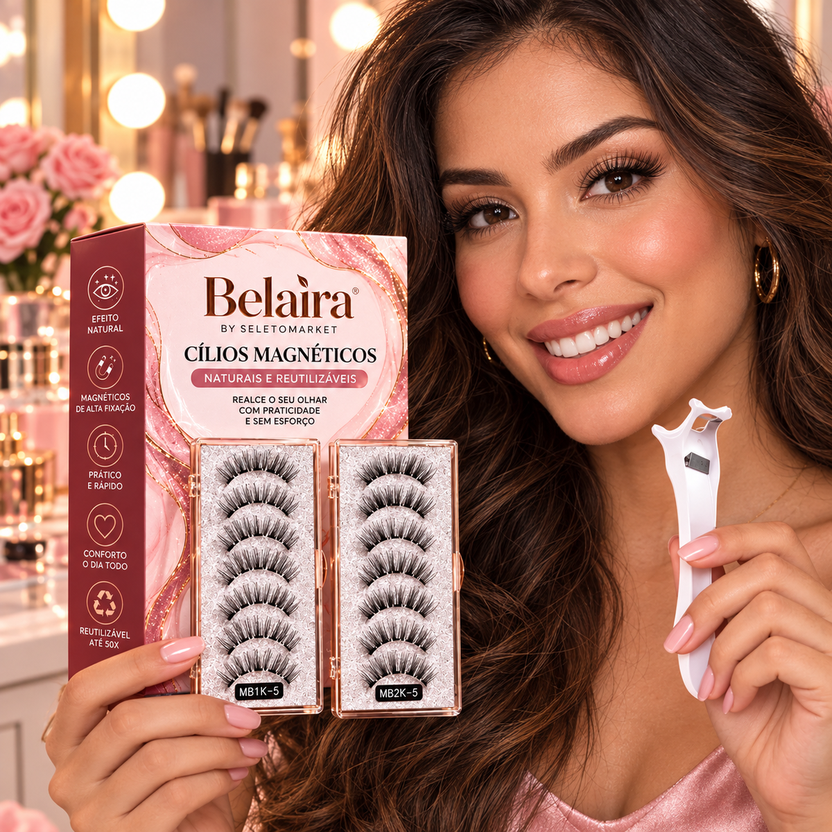 Mulher brasileira segurando cílios magnéticos Belaira