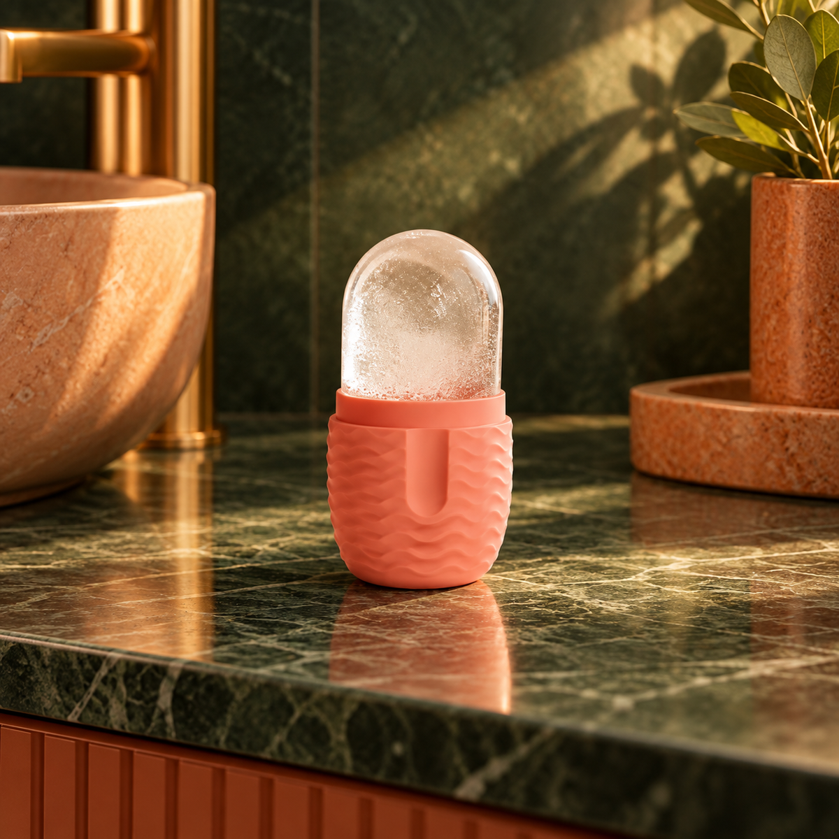 Massageador facial reutilizável com dômio de gelo transparente e cabo rosa, em uma bancada de pedra verde