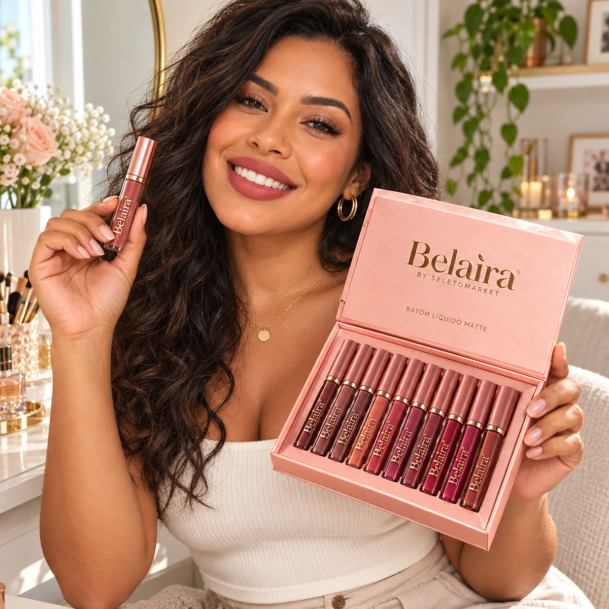 Mulher brasileira mostrando o kit Belaira de batons matte