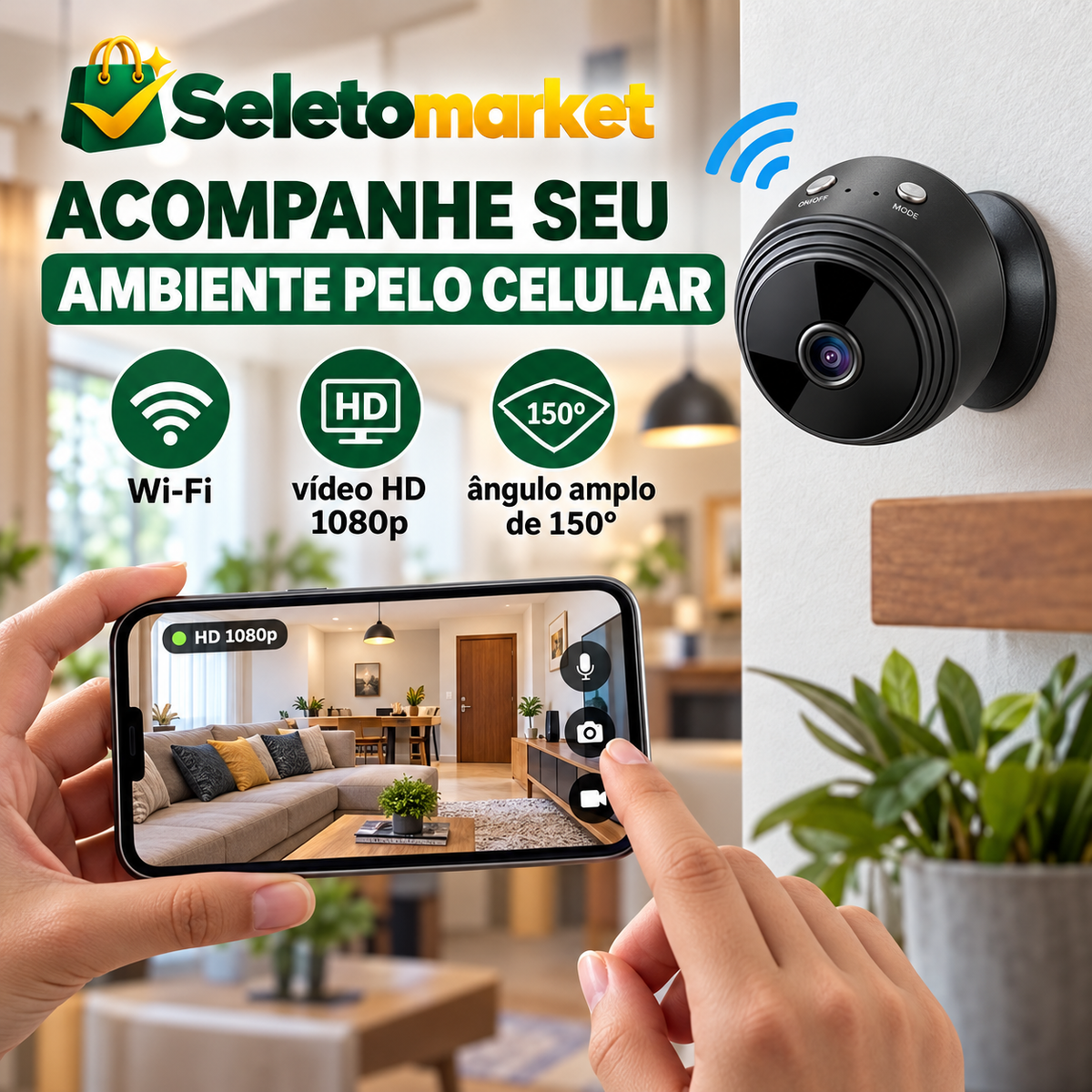 Acesso Wi-Fi, imagem HD 1080p e ângulo de 150 graus