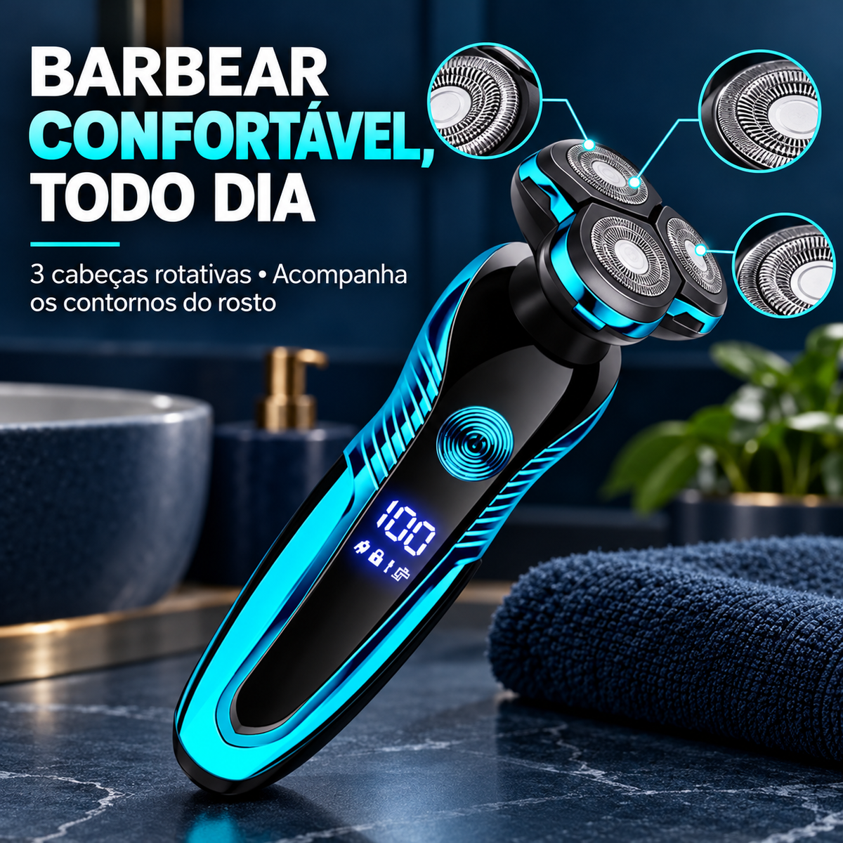 Barbeador com três cabeças rotativas e display digital, com benefícios em português