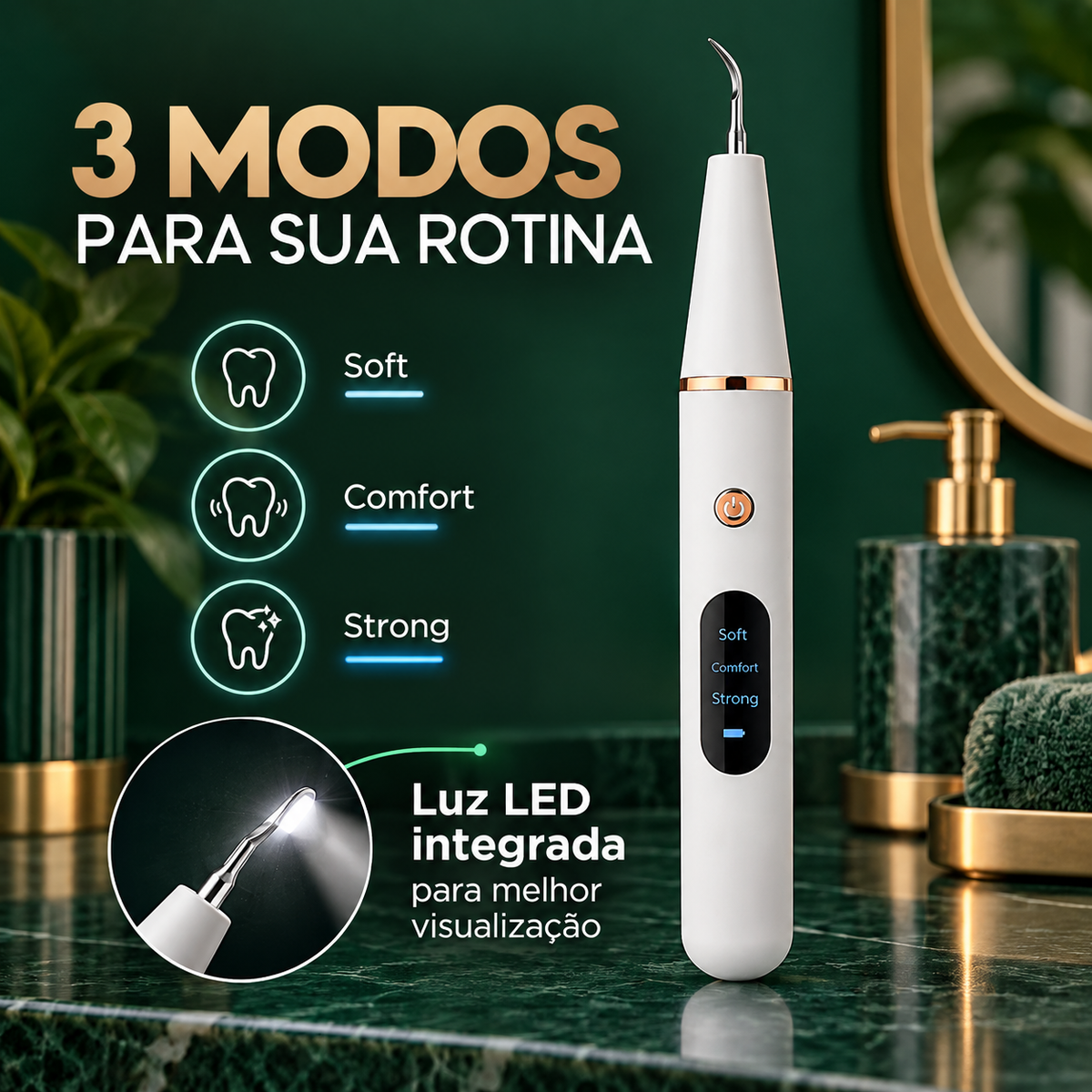 Aparelho bucal com três modos e luz LED integrada