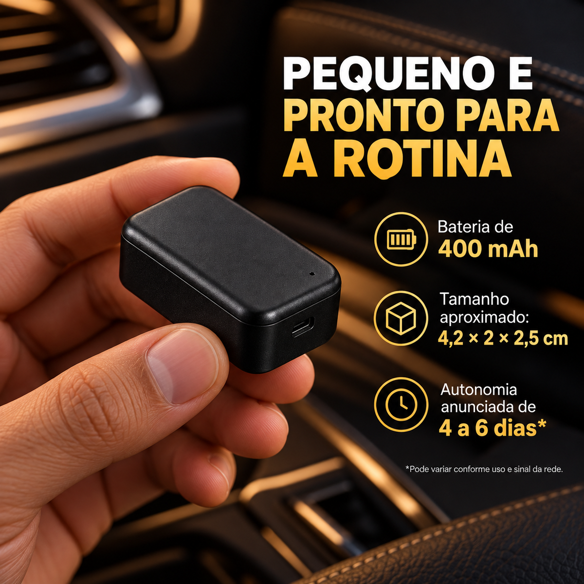 Rastreador compacto com bateria de 400 mAh e autonomia informada