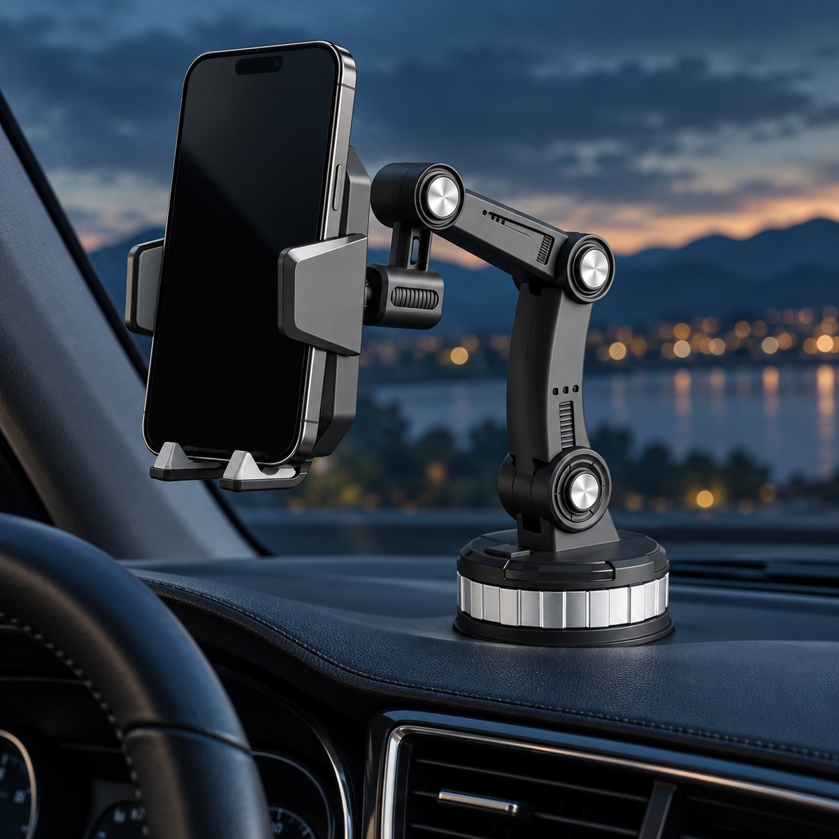 Suporte veicular articulado para celular com base de sucção