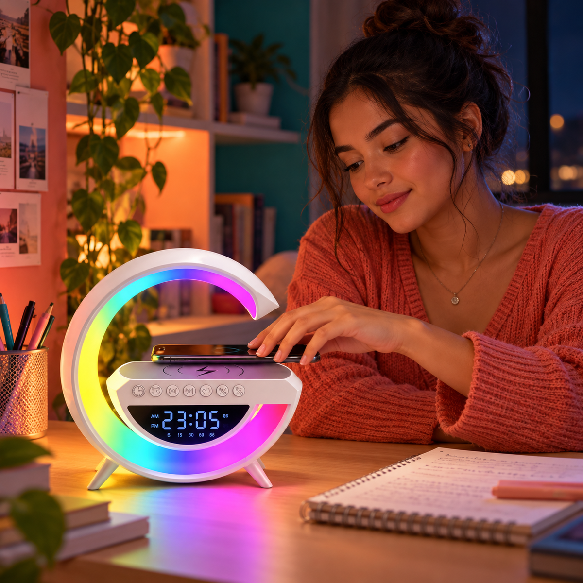 Mulher colocando celular compatível no carregador por indução da luminária RGB