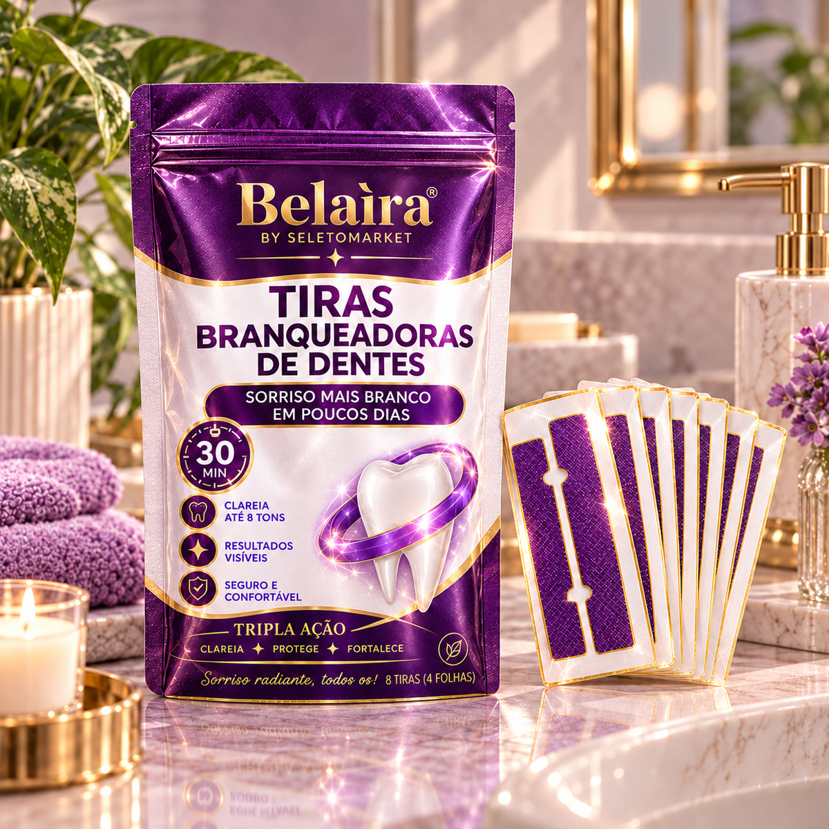 Tiras clareadoras Belaira e suas folhas em um banheiro
