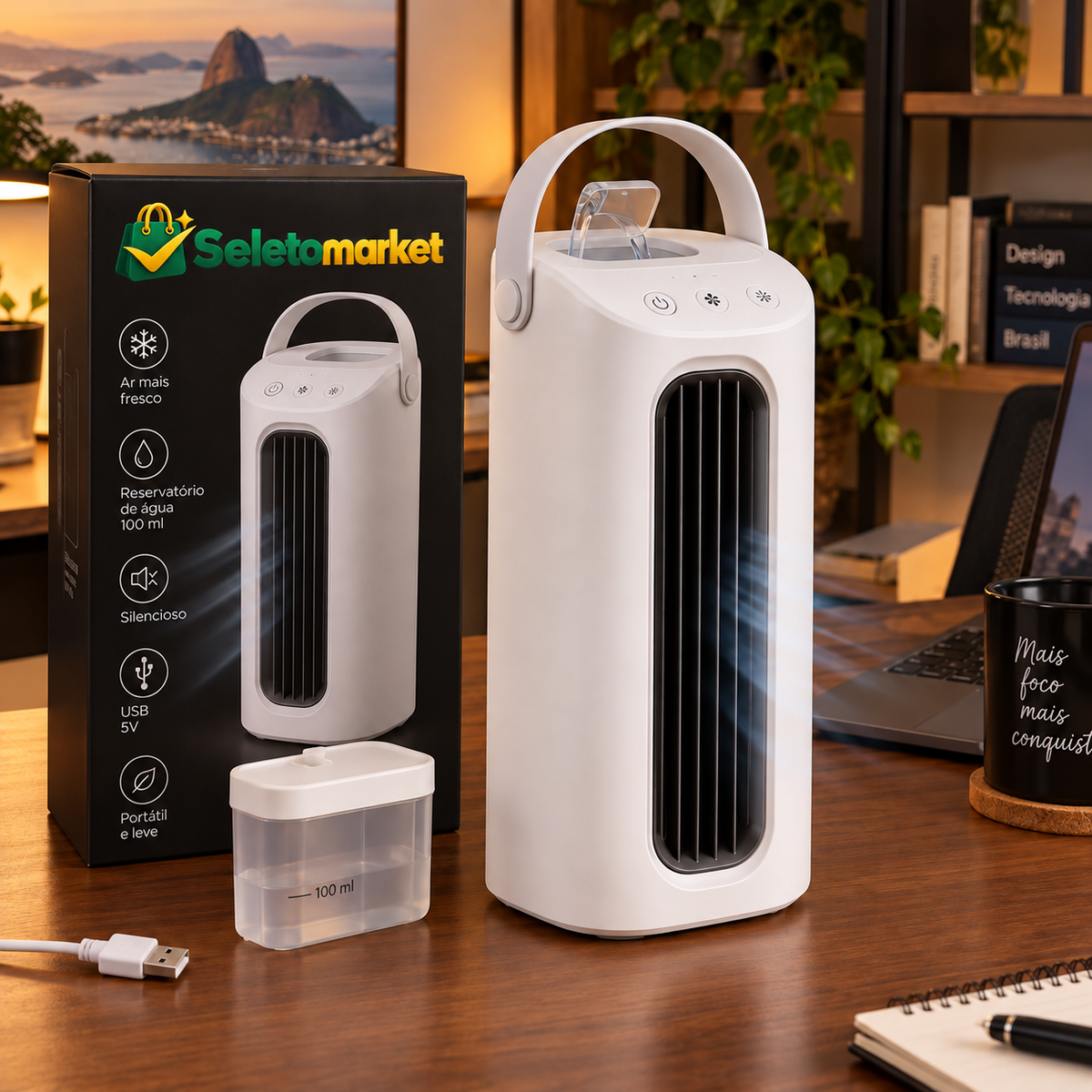 Mini climatizador portátil AirZen branco com caixa SeletoMarket
