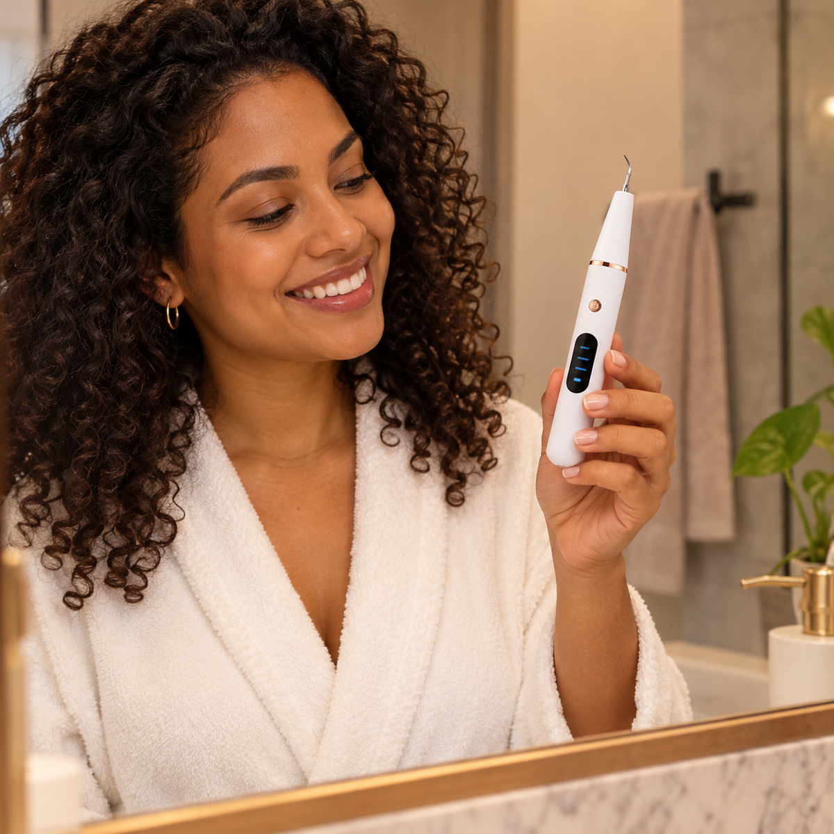 Mulher brasileira segurando aparelho de limpeza bucal ultrassônico