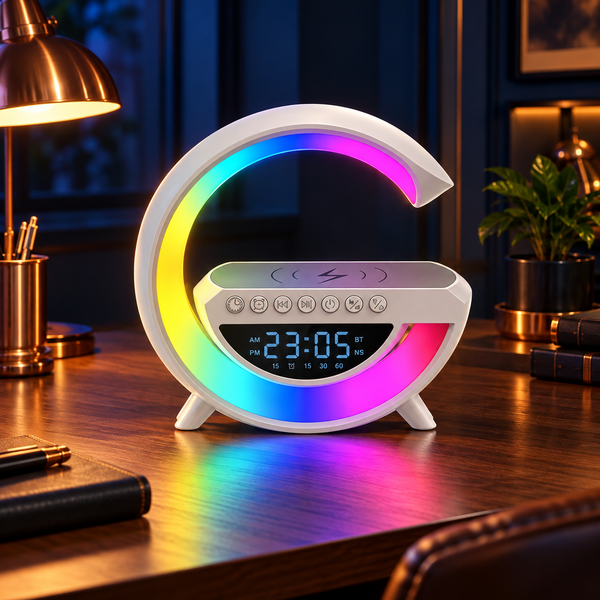 Luminária de mesa branca com arco RGB e relógio digital em uma mesa de trabalho