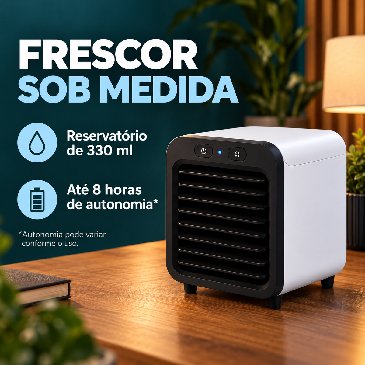 Mini climatizador com reservatório de 330 ml e autonomia de até 8 horas