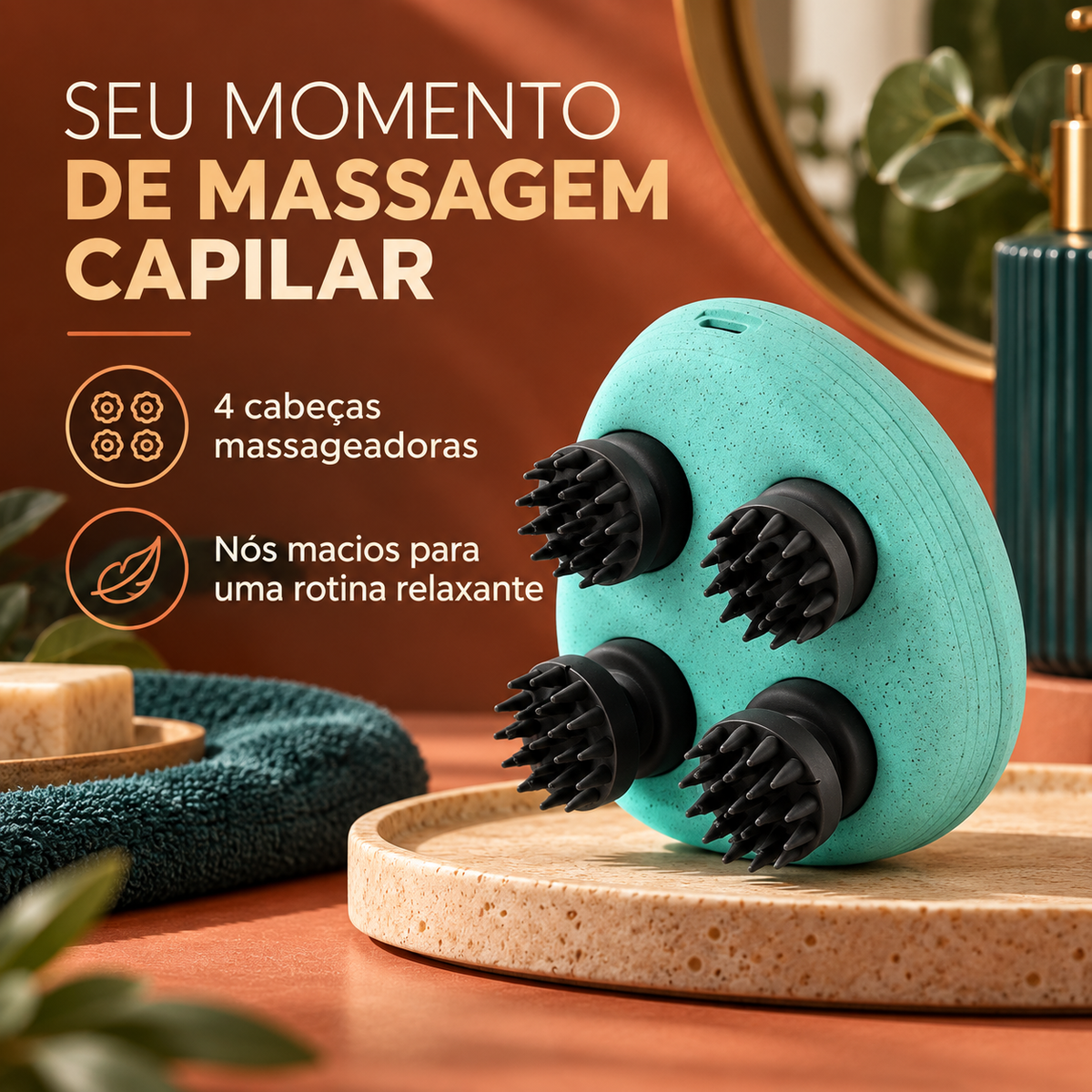 Massagem capilar relaxante com quatro cabeças massageadoras de pontas macias
