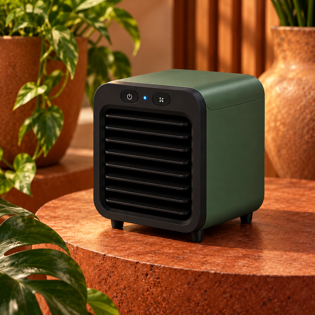 Mini climatizador portátil na cor verde